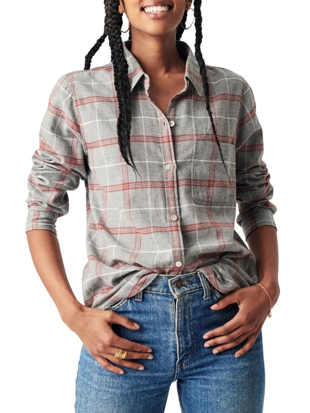 FAHERTY Women’s Gray Red Plaid Flannel Long Sleeve Button Down Shirt